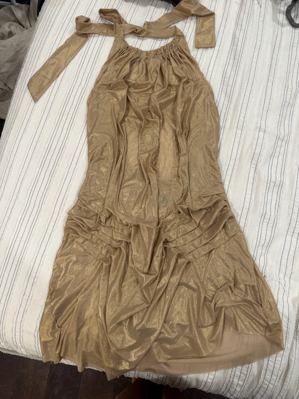 Halter Metallic Gold Ruched Mini Dress - Picture 2 of 4